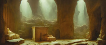 Artistic Concept Illustration Of A Scary Underground Temple With Sarcophagus, Background Illustration.
