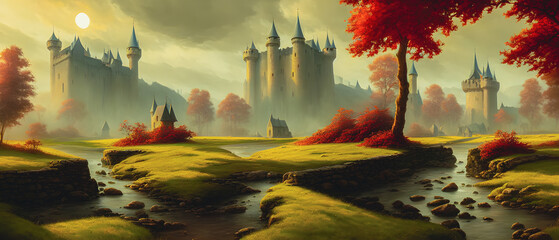 Wall Mural - Artistic concept painting of a beautiful wilderness landscape, with a picturesque castle in the background. Tender and dreamy design, background illustration.