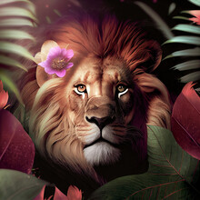 Close-up Portrait Of Lion King In Tropical Flowers And Leaves. Picturesque Portrait Wildlife Animal. Digital Illustration	