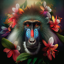 Close-up Portrait Of Mandrill Monkey In Tropical Flowers And Leaves. Picturesque Portrait Wildlife Animal. Digital Illustration	