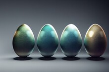 Dragon Eggs On A Gray Background, 3 Eggs Of Unborn Dragons, Grayish, Silver Gold, Azure Green
