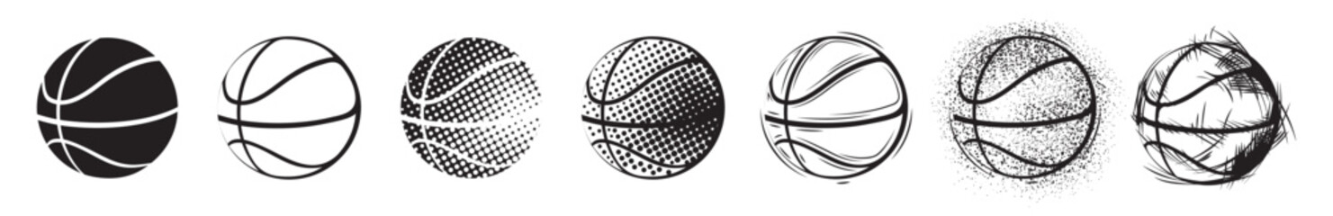 Basketball logo. Halftone balls. Black and white design art for streetball team. Game championship silhouette or outline signs. Graphic sphere. Vector current sport basket elements set