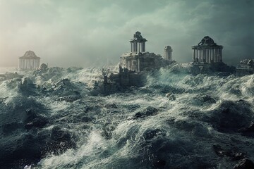 Wall Mural - Parts of ancient architecture stand under water. A large mass of water covered the ruined temple. 3D rendering