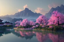 The Houses Are Built In The Traditional Chinese Style. In The Valley Of The Mountains There Are Houses. Sakura Trees Blossom Near The Houses.  There Is A Reflection In The Lake. 3D Rendering