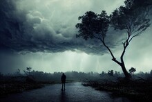A Tornado Has Formed Over The Surface Of The Earth. The Sky Is Covered With Rain Clouds.  On The Ground, The Consequences Of The Storm's Destruction. Fallen Trees And Branches. 3D Illustration
