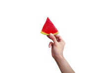 Woman's Hand Holding Sliced Piece Of Fresh Watermelon Isolated On White Background With Clipping Path And Make Selection. Freshness Fruit For Summertime And Healthy Eating Food. Delicious Meal, Funny