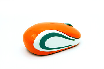 Close up used orange and white wireless or Bluetooth computer mouse isolated on white background with clipping path or make selection. Technology, Electronic device and gadget.