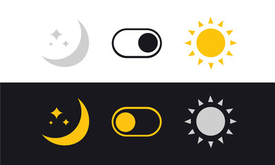 Poster - Day and Night mode switch. Sun and Moon. Light filter toggle button. Sleeping mode turn on, off. On Off Switch. Light and Dark Buttons. Simple dark mode switch icon.