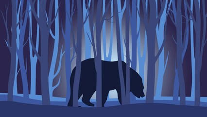 Wall Mural - Beautiful night landscape with a bear, walking in the forest (animation, seamless loop)