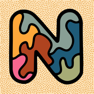 letter N vintage retro font with stained glass pattern puzzle mosaic kaleidoscope in muted colors