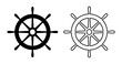 Helm ship icon. Black steering isolated on white background. Rudder boat silhouette. Simple outline ship helm for design travel print. Handle timon. Nautical wheel. Maritime steer. Vector illustration