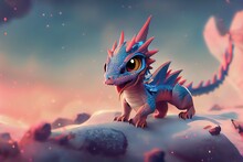 Illustration Of Baby Dragon, 3D Render, Cartoon Character In 3D Style, Kid Friendly  