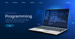 © varflolomey - Software, web development, programming concept. Abstract programming language and program code on a laptop screen. Web development, coding, and programming. Vector illustration.