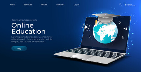 Poster - digital vector illustration. online education blue background or concept with earth planet. online r