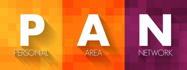 Poster - PAN Personal Area Network - computer network for interconnecting electronic devices within an individual person's workspace, acronym text concept background