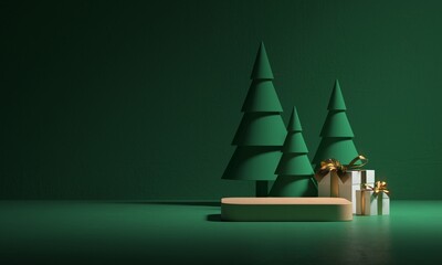 abstract christmas background with christmas tree and gift box green color ,podium design for showca