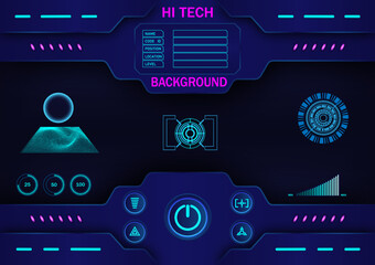 Poster - Hi-Tech Display has control buttons on the face. There is a level circle on the left, a round with a target, on the right there is a power level, a wiframe on a black background.