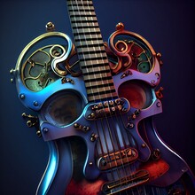 Crazy Steampunk Electric Guitar With Skull Design, Surrealistic Heavy Metal Music Instrument, Digital Illustration