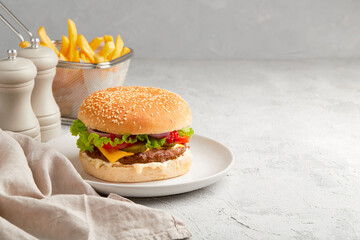 Wall Mural - Fresh tasty burger, french fries and ketchup on gray background