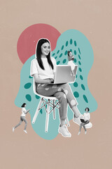 Poster - Vertical collage picture of positive black white effect girl sit chair use netbook communicate small mini people friends