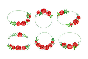 Wall Mural - Flower frames of red roses set. Retro flowers arranged in shape of the wreath and frames of different shapes cartoon vector illustration