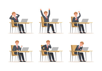 Wall Mural - Business person working on computer and showing different emotions set. Man in suit sitting on chair behind office desk vector illustration