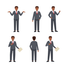 Wall Mural - Businessman in suit standing in different poses and gesturing set vector illustration