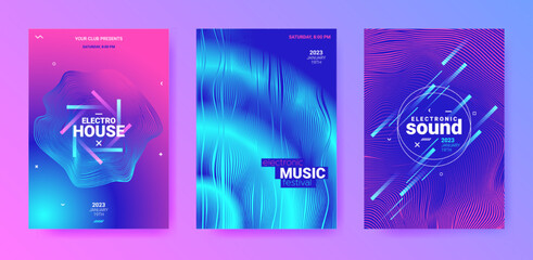 Poster - Abstract Dance Poster Set. Electronic Sound Cover. Techno Party Flyer. Vector 3d Background. Futuristic Dance Posters. Minimal Festiv Illustration. Gradient Wave Circle. Dance Posters.