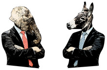 Graffiti Style Cartoon Illustration Of Republican Elephant Mascot And Democratic Donkey Mascot In A Confrontation PNG Transparent Background	
