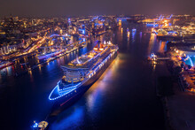 Panorama Of The Harbor From Hamburg With A Cruise Ship