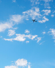Wall Mural - The passenger airplane is flying far away in the blue sky and white clouds. Plane in the air. International passenger air transportation. Vertical stories