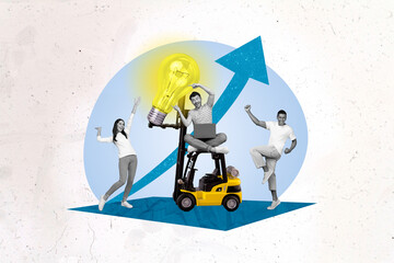 Poster - Composite collage illustration of excited successful mini people black white colors forklift big light bulb isolated on painted background