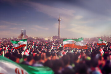 Wall Mural - Generic unrecognizable crowds cheering or demonstrating with waving Iranian flags in Tehran of Iran. Digitally generated rendering with manual matte painting