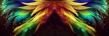 Beautiful Colorful Background Of Firebird Feathers. Abstract Background, Blurred Bokeh, Feather.
