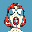 Girl with bob hairstyle and sunglasses licks sweet lollipop, comic pop art vector illustration