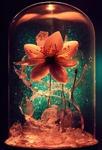 Magical Enchanted Orange  Fairy Flower In A Glass Case, Evergreen Flower In A Glass Dome