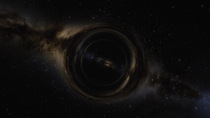cinematic animation of supermassive black hole. camera moves through a black hole or wormhole into a