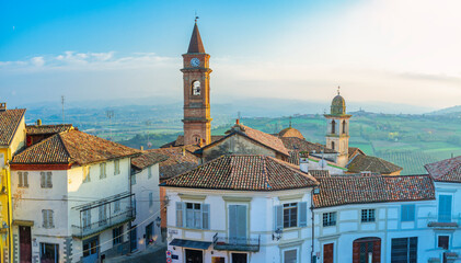 Wall Mural - Early winter panorama of the village of Govone, over Langhe hills (Cuneo province, Piedmont, Italy). This area is world famous for its valuable wines and is UNESCO Site since 2014.