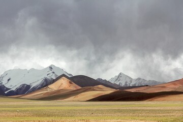 Sticker - Beautiful mountains with some covered in snow in a green field against the sky