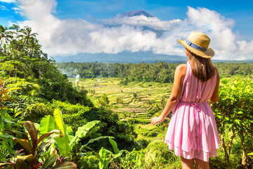 Canvas Print - Woman at volcano Agung on Bali,