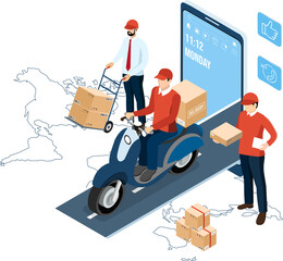 Wall Mural - 3D isometric Logistics and Delivery services concept with People delivering a box to a customer at home or office. Clipart Transparent PNG