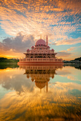 Wall Mural - Putra mosque during sunset sky, the most famous tourist attraction in Malaysia.