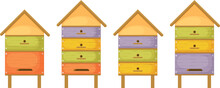 Hive. Beehives. Four Wooden Beehives In The Form Of Houses. Colorful Beehives In Cartoon Style. Houses For Honey Bees. Vector Illustration Isolated On A White Background