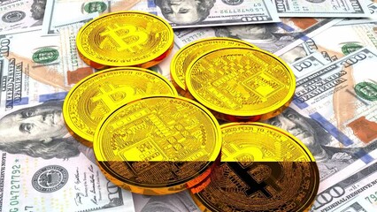 Poster - A Lot Of Bitcoin Crypto currency Gold Bitcoin BTC Bit Coin falling loop animation. Blockchain technology, bitcoin mining concept. 3d Crypto Digital Currency, BTC, Stock Market. green screen