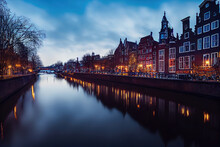AI Generated Image Of Vintage Dutch Houses With A Canal Inbetween At Twilight, Illuminated Houses In Amsterdam 