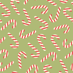 Poster - Retro groovy minimal seamless pattern with christmas sweets on a green background. Pastel colors. Trendy vector illustration in style 60s, 70s