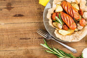 Sticker - A plate of delicious potatoes and baked sausage