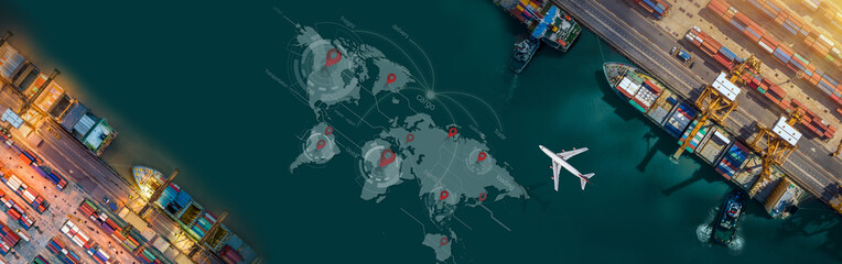 Aerial view and top view cargo plane flying above ship port in the export and import business and Smart logistics international goods. Shipping cargo to harbor by crane