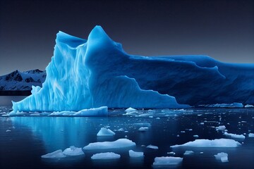 arctic landscape, iceberg at night, greenland and antarctica ice, melting ice caps, polar sea and blue sky, fictional place created with generative ai