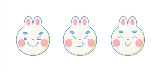 Wall Mural - Winking and smiling cute rabbit emoji faces set. Isolated on white background. Vector cartoon Illustration.
